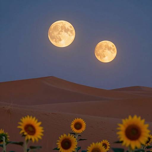 Photograph of a night desert scene with two bright full moons, set against a blue sky, over rolling sand dunes and sunflowers in the foreground