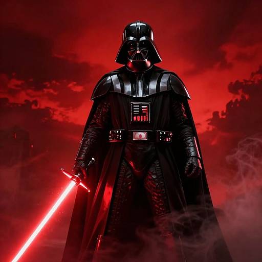 Photorealistic digital art of Darth Vader standing against a red, smoky sky, holding a glowing red lightsaber, in full black armor.
