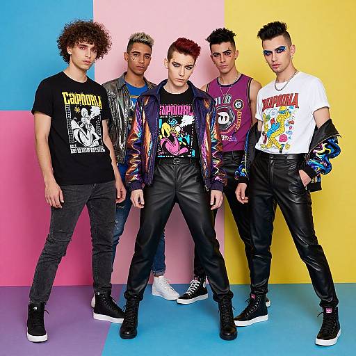 Photograph of five young men with diverse hairstyles, wearing colorful graphic t-shirts, leather jackets, and pants, standing against a pastel blue, pink