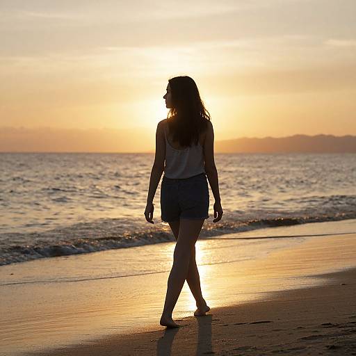 Silhouetted woman in white top and black skirt walks on golden sunset beach, ocean waves gently touching shore, horizon glowing. Photograph.