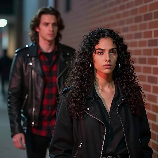 Serious woman with curly hair on urban street at night