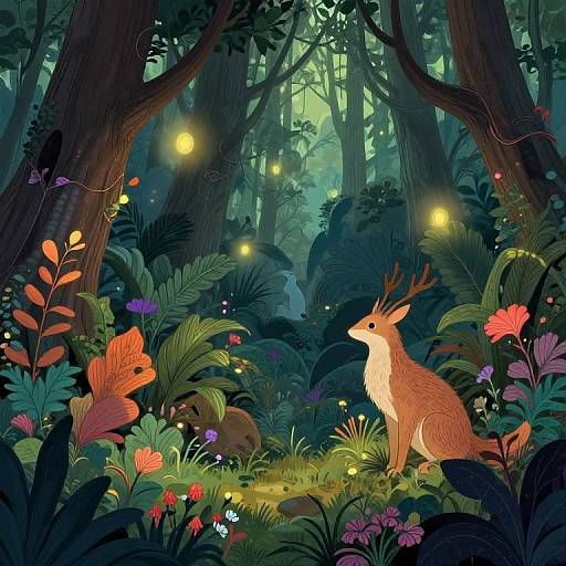 Vibrant digital illustration of a forest at night, featuring a deer with small antlers, surrounded by glowing fireflies, colorful flowers, and dense