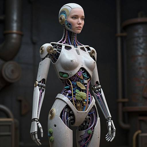 Photorealistic CGI of a female humanoid robot with white metallic skin, colorful internal mechanisms, and floral decorations, standing in an industrial background with dark pipes