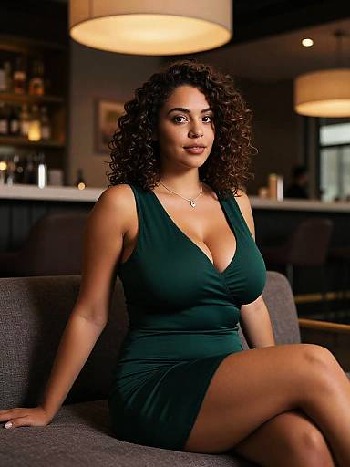 Photograph of a curvy woman with curly brown hair, wearing a deep green, sleeveless, plunging dress, sitting on a gray couch in