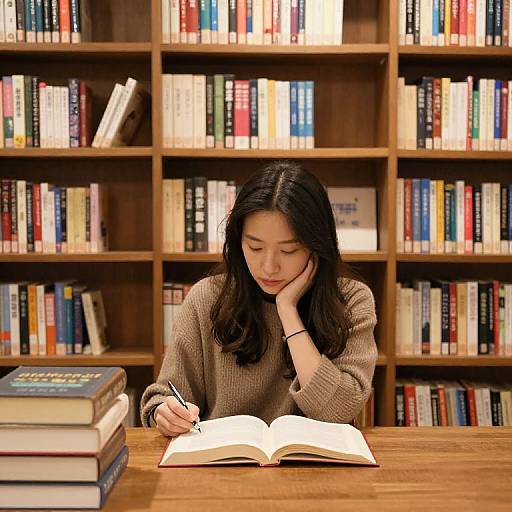 Asian woman with long black hair, wearing a brown sweater, reading and writing in a library with wooden bookshelves.