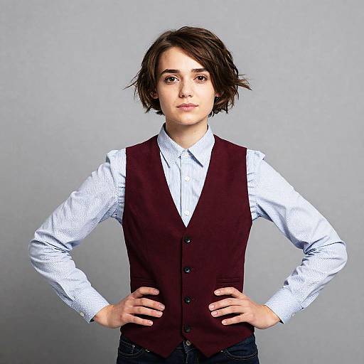 Young Woman in Burgundy Vest and Striped Shirt