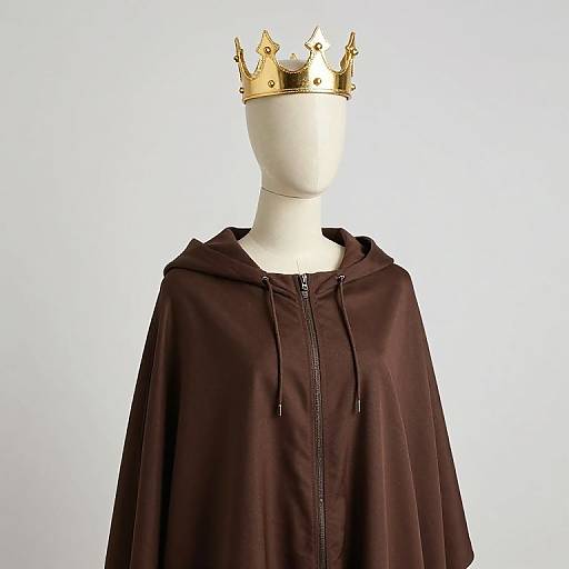 Photograph of a white mannequin head wearing a gold crown and a dark brown hooded cape against a plain white background.