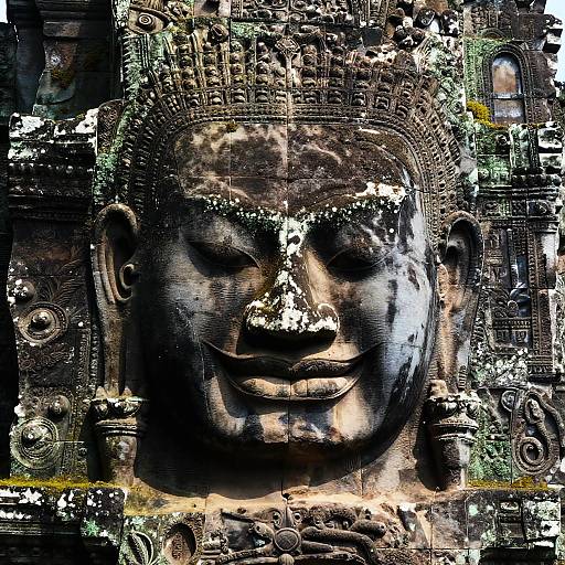 Photograph of a large, weathered Buddha statue with intricate, textured headpiece, surrounded by abstract, multicolored digital overlay patterns.