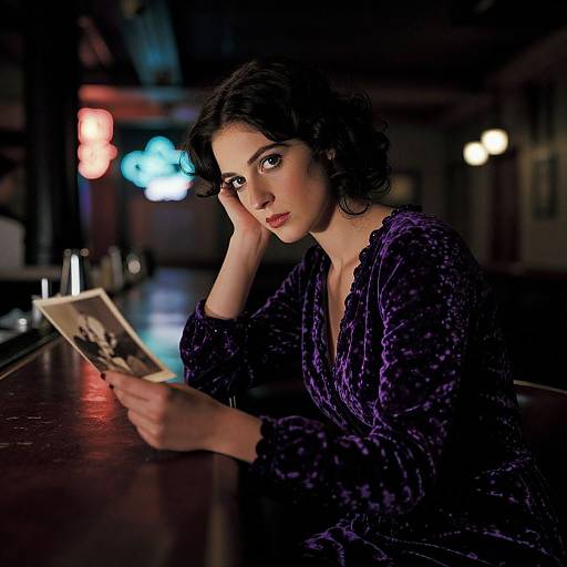 Photograph of a pensive woman with short dark hair, wearing a deep purple velvet dress, reading a photo in a dimly lit bar with neon