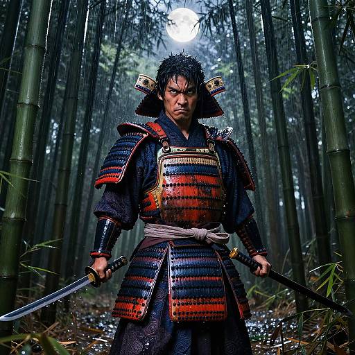Photograph of a fierce samurai warrior in traditional armor, standing in a rain-soaked bamboo forest, holding a sword, moonlight above.
