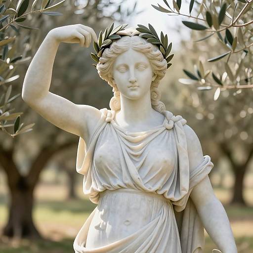 Photograph of a white marble statue of a classical Greek woman with a laurel wreath, raising her right arm, wearing a draped gown, set