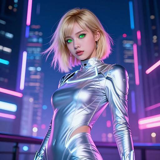 Digital CGI of a blonde, green-eyed woman in a shiny, silver, futuristic bodysuit, standing in a neon-lit, cyberpunk city