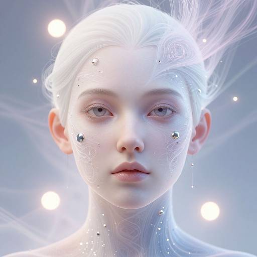 Digital art of a glowing, ethereal woman with pale skin, white hair, and light blue eyes, surrounded by bright orbs and delicate patterns, set