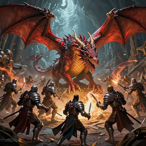 Epic fantasy battle: armored warriors face a fierce, red dragon with massive wings and sharp horns amidst blazing flames in a dark, cavernous setting.