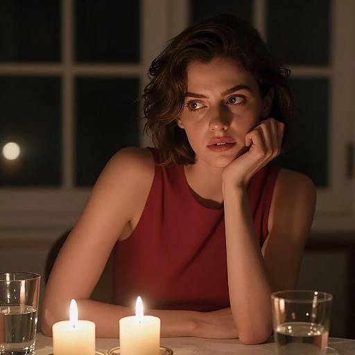 Intense Woman at Table with Candles