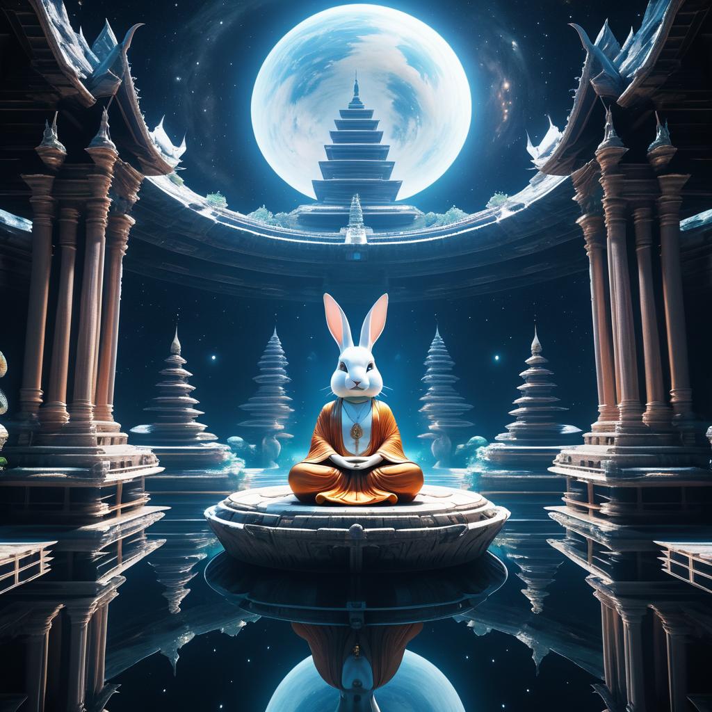 Humanoid Rabbit Meditating in Space Temple