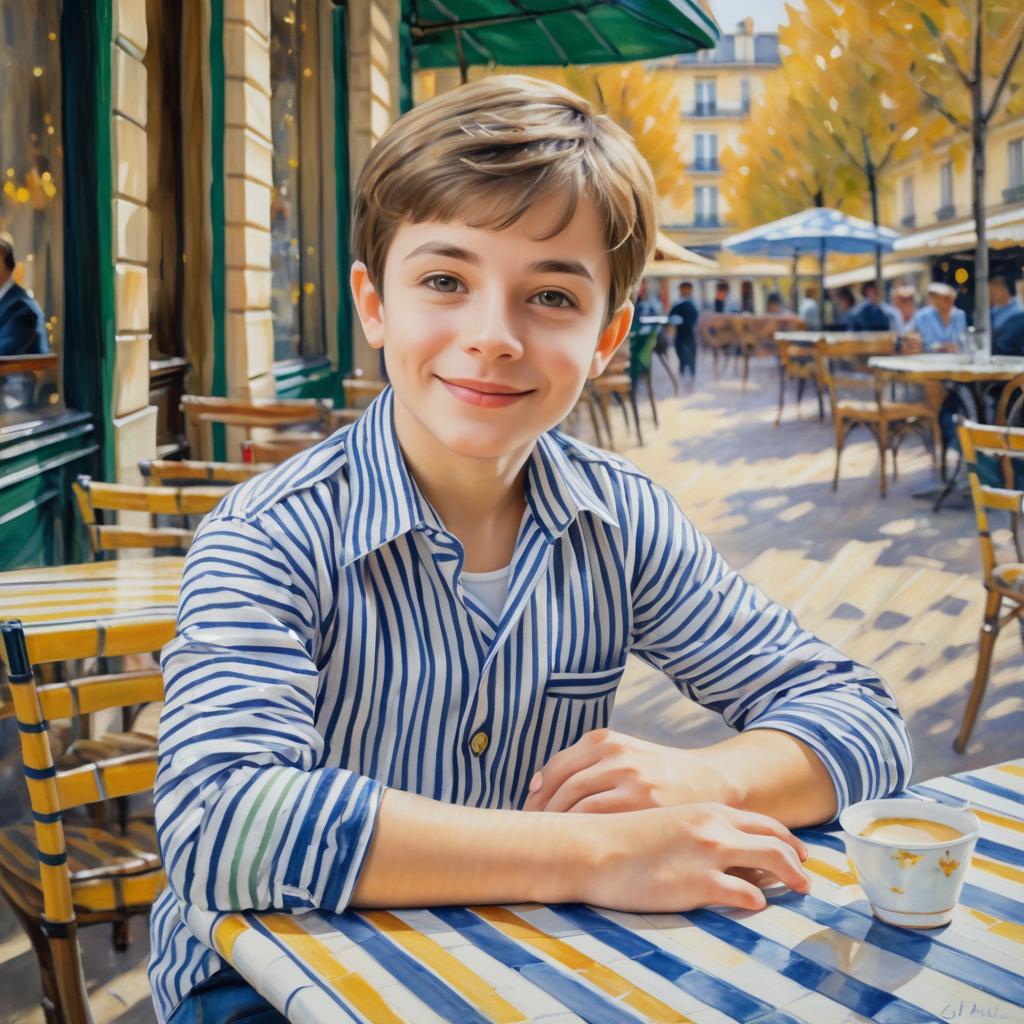 Cheerful Boy in Parisian Café Setting