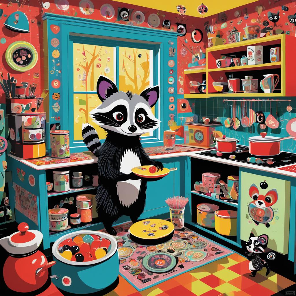 Whimsical Raccoon Stealing Snacks Art