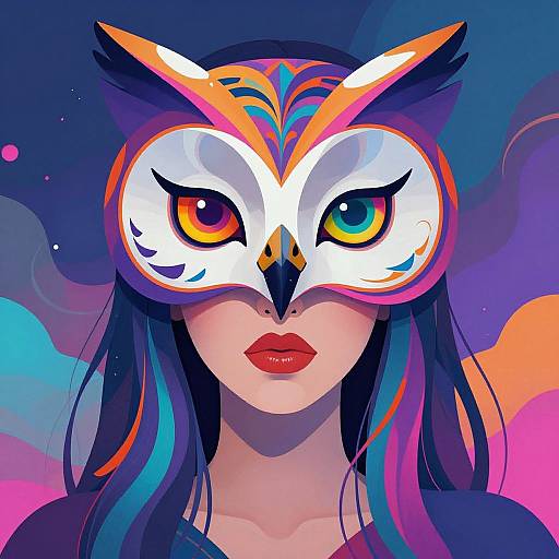 Digital artwork of a woman with long black hair, wearing a vibrant owl mask with multicolored eyes, against a cosmic purple-blue background. Bold red