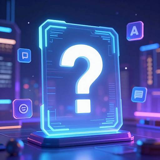 Digital CGI image of a glowing blue neon question mark hologram with floating letters A, G, E, and a square. Background features blurred city lights