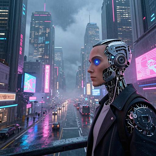 Cyborg woman with glowing blue eye in futuristic, neon-lit, rainy city street; tall skyscrapers, illuminated billboards, wet pavement.