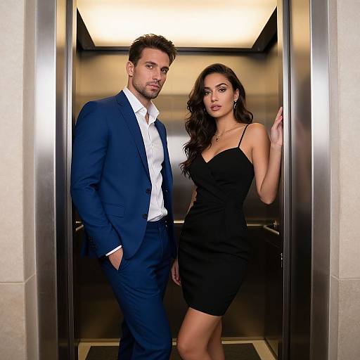 Photograph of a handsome man in a blue suit and white shirt, standing beside a beautiful woman in a black dress, in a dimly lit elevator