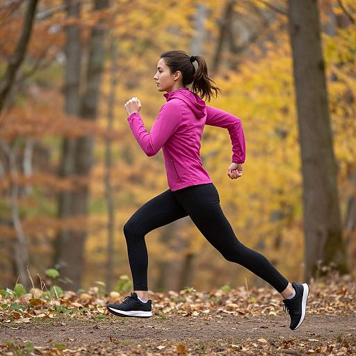 Photograph of a fit woman with dark hair in a ponytail, running in a forest during autumn. She wears a pink jacket, black leggings,