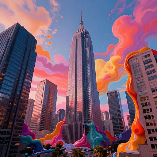 Vibrant photograph of a city skyline with a towering black skyscraper, colorful, wavy, rainbow-like installations, and a pink-orange cloud-filled