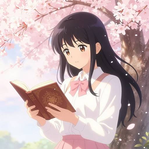 Anime Girl Reading Under Cherry Blossoms