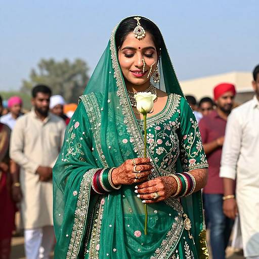 Photograph of a smiling Indian bride in a green embroidered saree, holding a white flower, adorned with jewelry, in a vibrant outdoor setting with blurred