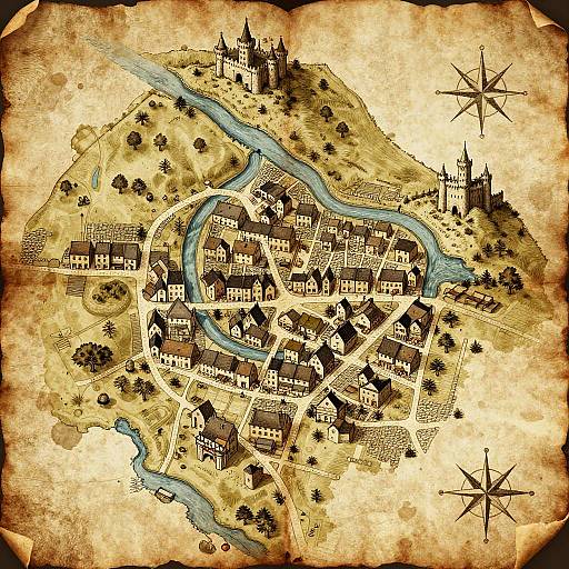 Vintage-style map illustration of a medieval village with winding blue rivers, surrounded by hills, featuring detailed black-and-white buildings and trees. Compass rose in corners