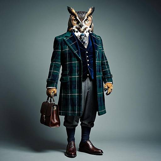 Sophisticated Anthropomorphic Great Horned Owl in Velvet Clothes