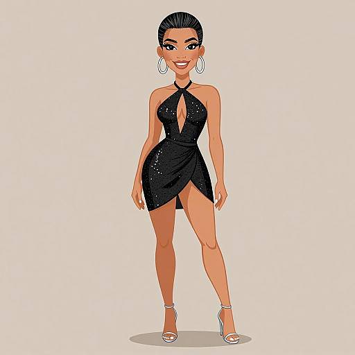 Digital illustration of a confident woman with dark hair in an updo, wearing a black halter dress with a keyhole, silver heels, and large