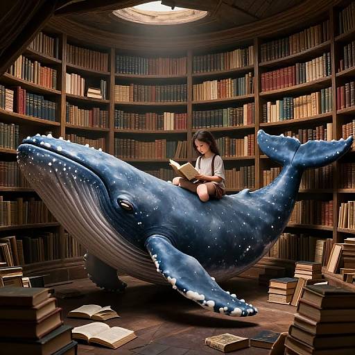 Digital art: Asian woman with black hair reads book on giant blue whale in enchanted library, surrounded by tall bookshelves.