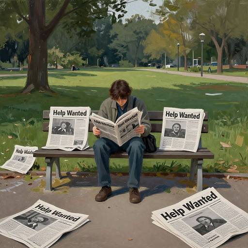 Photograph of a man with curly brown hair, wearing a green jacket and blue jeans, reading 