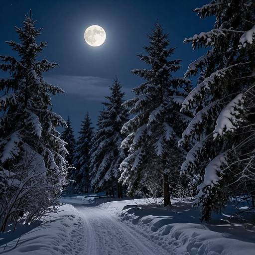 Moonlit Snowy Pine Forest Path