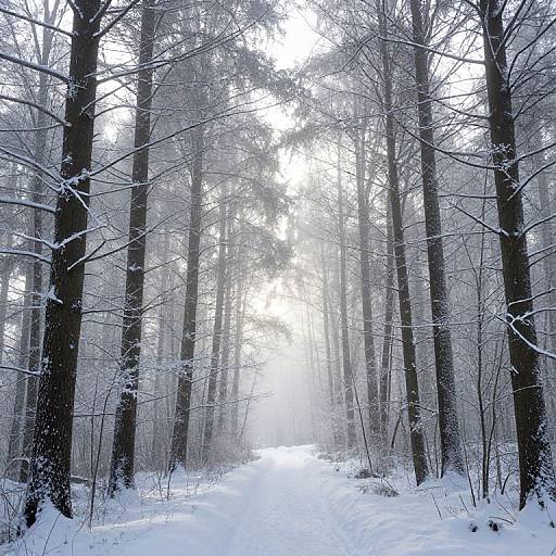 Photograph of a snowy forest path with tall, leafless trees, covered in white snow, and a bright, foggy background.