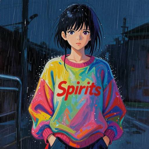 Digital anime-style drawing of a young woman with black hair, wearing a colorful 