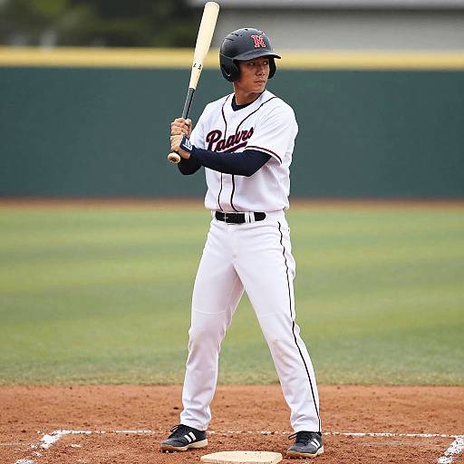 Photograph of a male baseball player in white uniform with black accents, holding a bat, standing in a batter's box on a red dirt field.