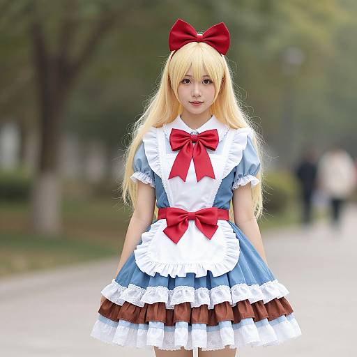 Photograph of a young woman with long blonde hair, wearing a blue and white Alice in Wonderland-style dress with red bows, standing in a blurred park