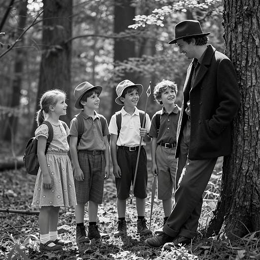 Children and Man in Forest Black and White