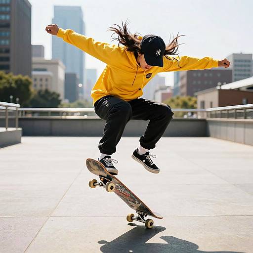 Skater Mid-Air Trick with Cityscape