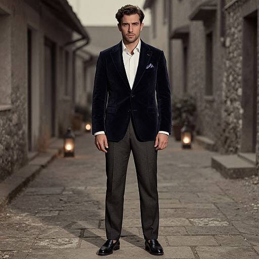 Photograph of a handsome man with dark hair and beard, wearing a black velvet blazer, white shirt, and dark pants, standing in a dim