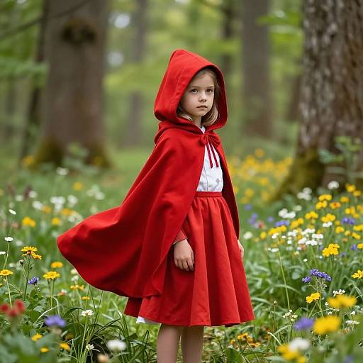 Photograph of a young girl in a red hooded cape and skirt, standing in a lush forest filled with wildflowers.