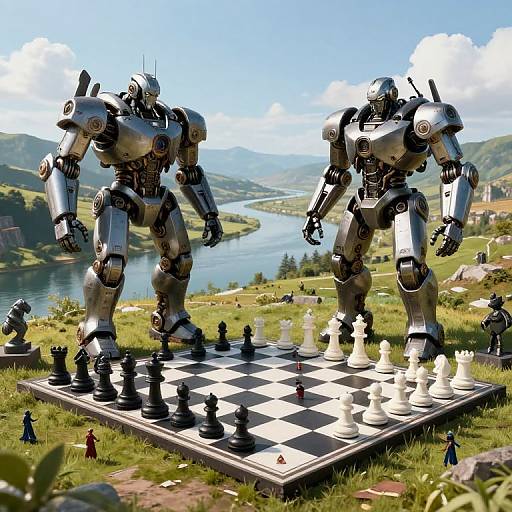 Photorealistic CGI of two giant silver robots playing a chess game on a checkered board in a lush, mountainous landscape.