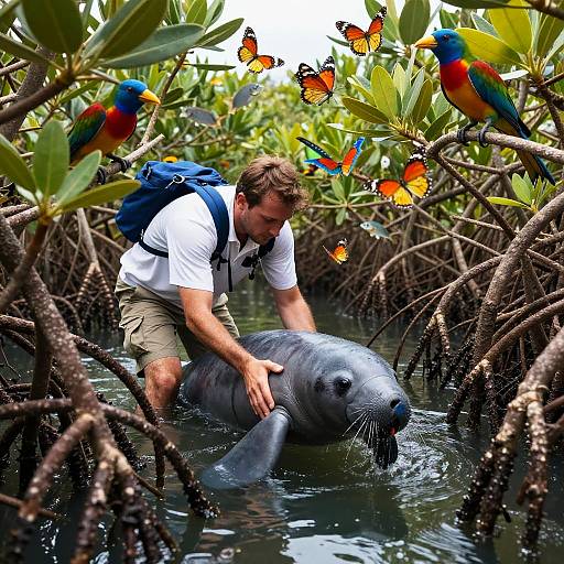 Marine Biologist Rescuing Manatee Calf in Mangrove