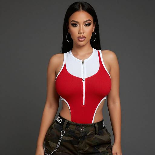 Photograph of a young woman with long black hair, wearing a red and white zip-up tank top, high-waisted camouflage pants, and large