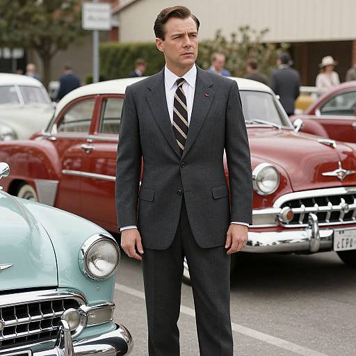 Photograph of a serious, dark-haired man in a black suit and striped tie, standing in front of vintage red and blue cars on a city street