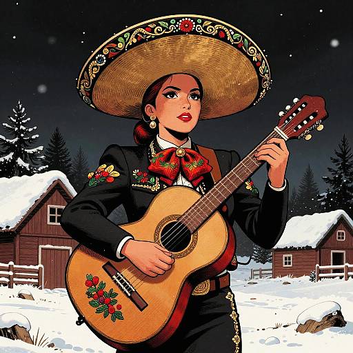 Female Mariachi in Snowy Christmas Farm