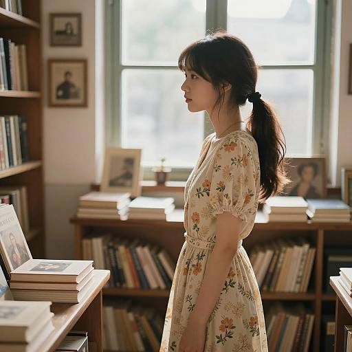 Vintage Bookstore Portrait of a Young Woman